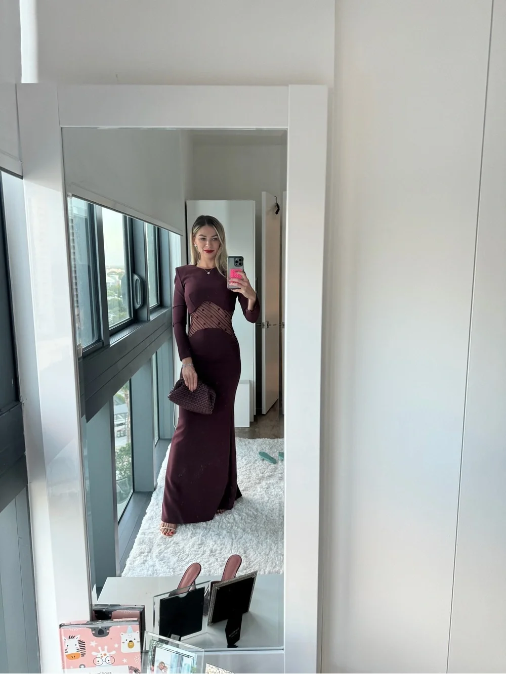 Elisabetta Franchi Burgundy Long-Sleeve Maxi Dress with Sheer Flocked Waist